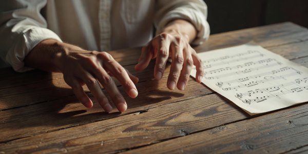 Fingers tapping out a rhythm on a wooden table beside sheet music